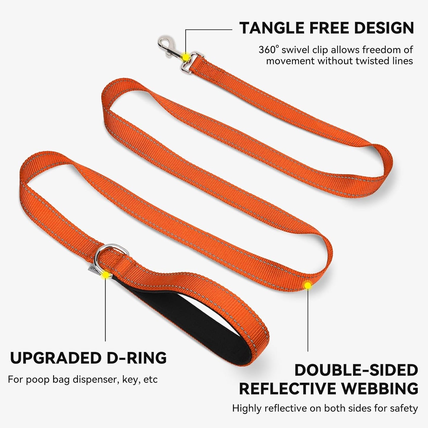 Double-Sided Reflective Dog Leash, 6 FT/5 FT/4 FT, Padded Handle Nylon Heavy Duty Leashes for Medium & Large Dogs Walking, Orange, 5FT