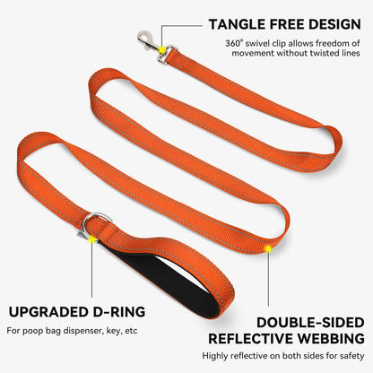 Double-Sided Reflective Dog Leash, 6 FT/5 FT/4 FT, Padded Handle Nylon Heavy Duty Leashes for Medium & Large Dogs Walking, Orange, 5FT