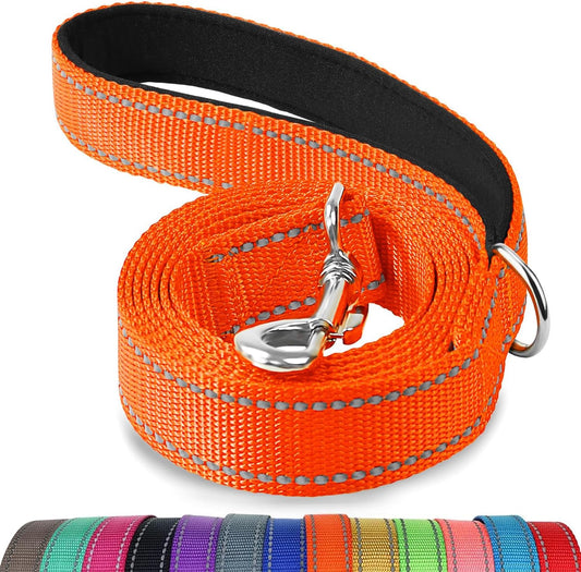 Double-Sided Reflective Dog Leash, 6 FT/5 FT/4 FT, Padded Handle Nylon Heavy Duty Leashes for Medium & Large Dogs Walking, Orange, 5FT